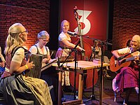 Studierende spielen Volksmusikinstrumente auf einer Konzertbühne
