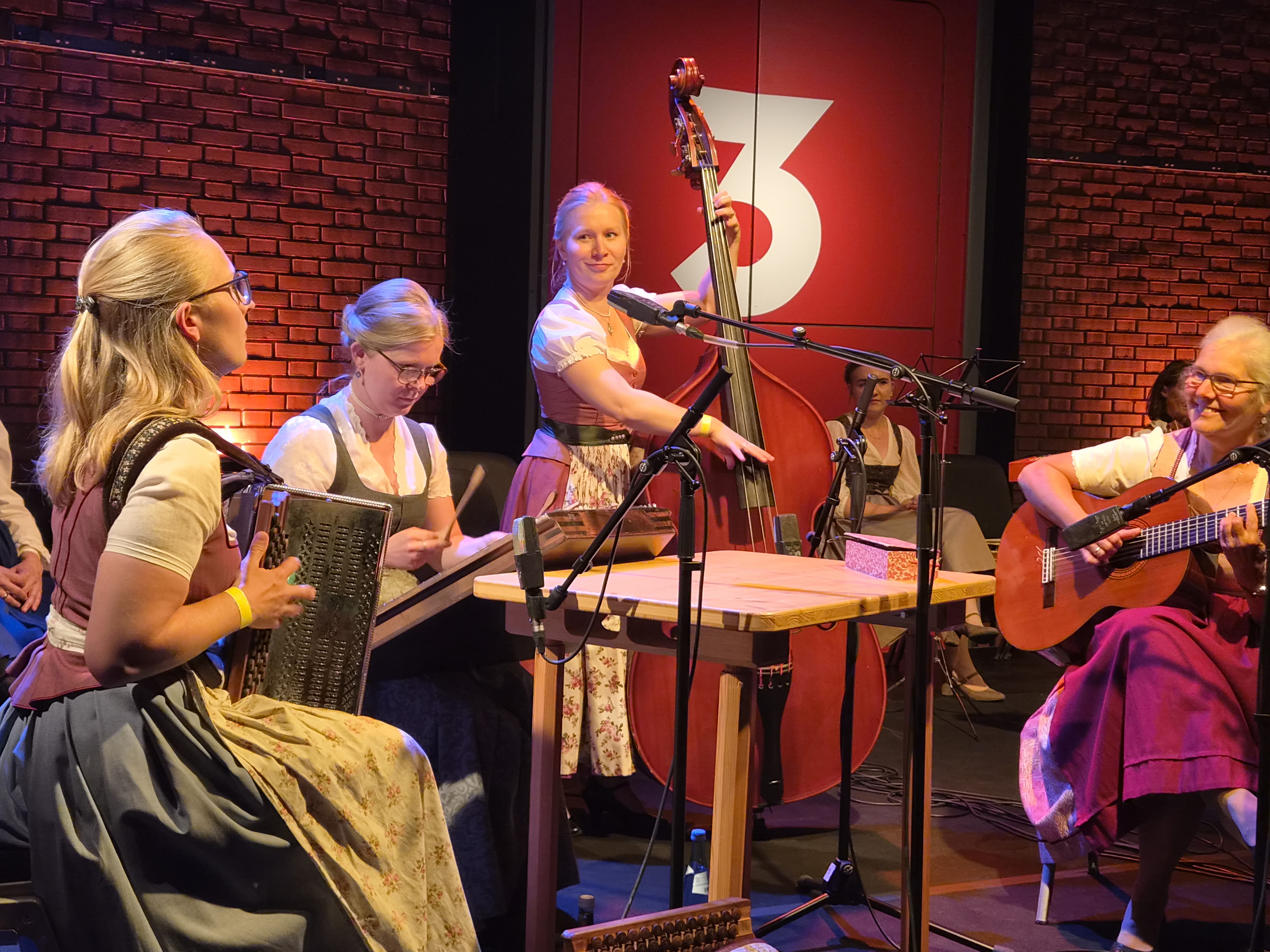 Studierende spielen Volksmusikinstrumente auf einer Konzertbühne